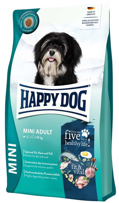 Happy Dog Fit & Vital Mini Adult är ett glutenfritt foder för små hundar med fem proteinkällor och omega-fettsyror för hud och päls.