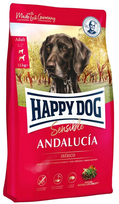 Happy Dog Sensible Andalucía – glutenfritt hundfoder med iberiskt fläskkött och medelhavsgrönsaker. För vuxna hundar över 11 kg, främjar frisk hud och glänsande päls.