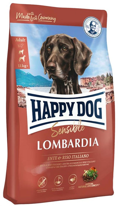 Happy Dog Sensible Lombardia – glutenfritt hundfoder med anka och italienskt ris, perfekt för känsliga hundar. Innehåller medelhavsörter och apelsinskal för optimal näring och smak.