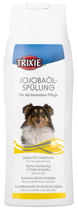 Jojobaoljebalsam för hundar som ger en silkeslen glans och återfuktar pälsen på djupet, perfekt för långhåriga hundar och känslig hud.