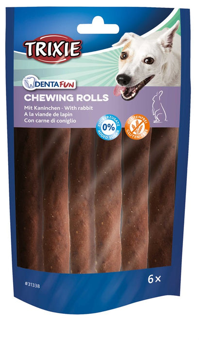 Denta Fun Tuggrulle med kanin för hundar, lindad med kaninkött och råhud. Hjälper till att hålla tänderna friska och tillfredsställer hundens tuggbehov.
