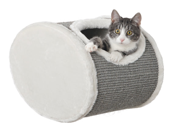 Väggmonterad kattgrotta i vit/grå plysch med sisal-klösyta, kudde i polyester och mysigt krypin.