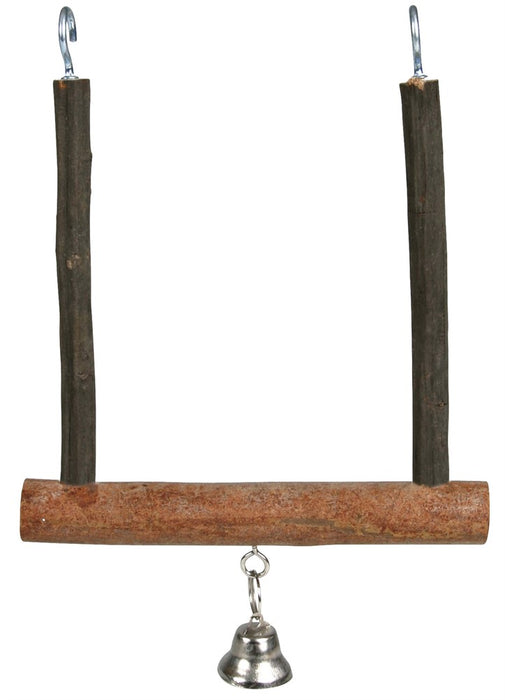 Fågelgunga med klocka utan kläpp, gjord av äkta trä. Perfekt för undulater och parakiter. Djurvänlig design som stimulerar aktivitet och balans.
