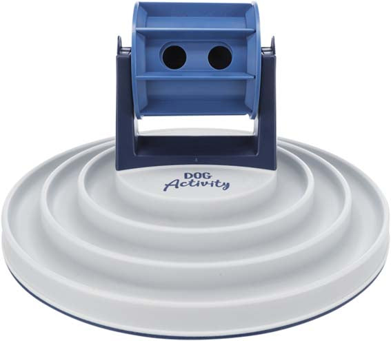 Brädspel för hundar med rotationsdel, justerbar öppning och skåror för långsamt intag. Halkfri design, plastmaterial, maskindiskbar med träningsinstruktioner.