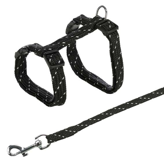 Praktiskt kattsele och koppelset med justerbar sele (27-45 cm/10 mm) och koppel på 1,30 m. Metallspännen och reflekterande mönster för ökad synlighet och säkerhet.