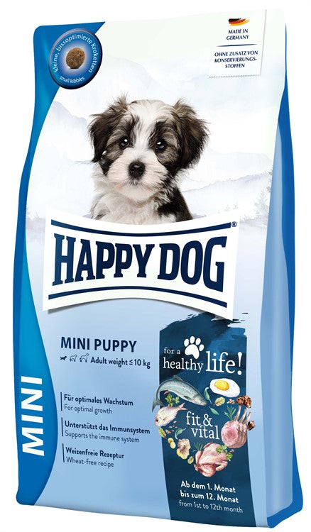Happy Dog Mini Puppy är ett vetefritt foder för valpar upp till 12 månader, med små bitar och rik på omega-fettsyror för hud och päls.