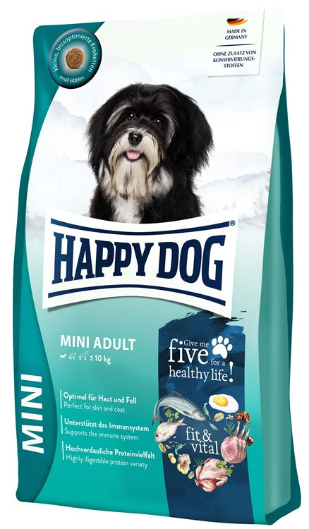 Happy Dog Fit & Vital Mini Adult är ett glutenfritt foder för små hundar med fem proteinkällor och omega-fettsyror för hud och päls.