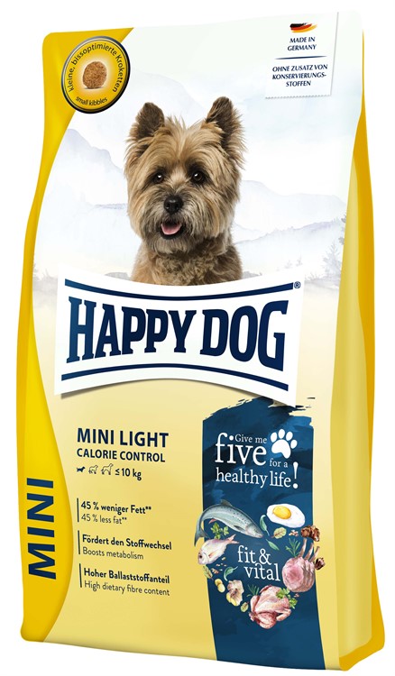 Happy Dog Mini Light är ett glutenfritt torrfoder för små hundar som behöver hålla vikten. Innehåller fem proteinkällor, L-karnitin och omega-fettsyror för hälsosam viktkontroll och pälsvård.