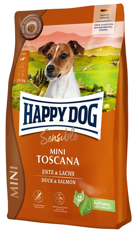 Happy Dog Sensible Mini Toscana är ett glutenfritt torrfoder för små kastrerade eller steriliserade hundar med anka och lax, berikat med omega-fettsyror för hälsosam hud och päls.