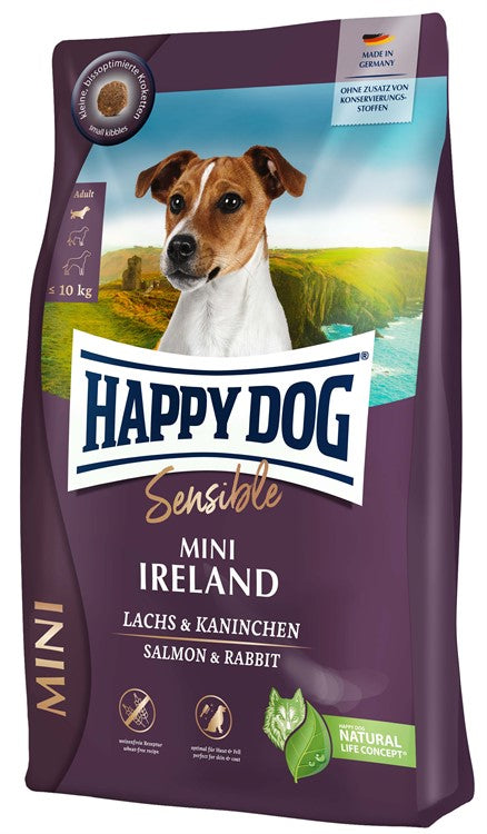 Happy Dog Sensible Mini Ireland är ett glutenfritt torrfoder för små hundraser med lax och kanin, rika på omega-fettsyror och näringsämnen som stödjer hud, päls och matsmältning.