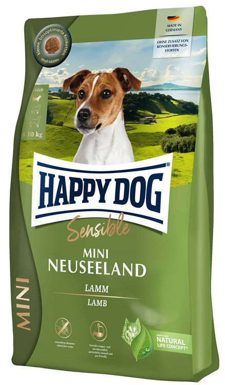 Happy Dog Sensible Mini Neuseeland är ett spannmålsfritt och glutenfritt torrfoder för små hundraser med känslig mage, med lamm och grönläppad mussla för ledhälsa.