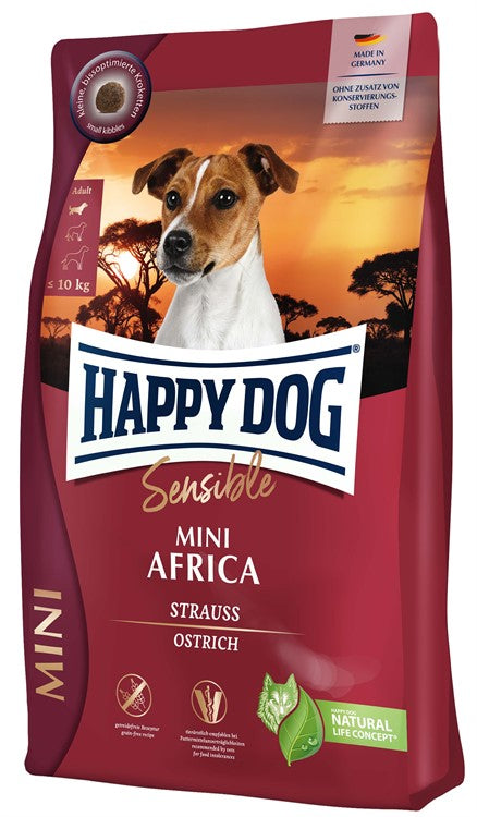 Happy Dog Sensible Mini Grain Free Africa – glutenfritt torrfoder med struts för små hundraser med känslig mage och allergier.