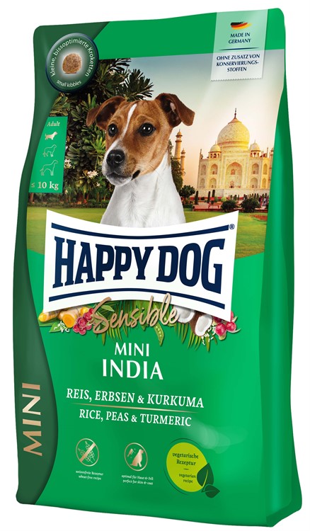 Happy Dog Sensible Mini India – 100 % vegetariskt hundfoder med ris, ärtor och tranbär för små hundar upp till 10 kg.