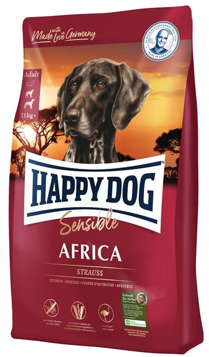 Happy Dog Sensible Africa Grain Free – Glutenfritt hundfoder med struts och potatis för känsliga hundar. Stödjer hälsosam hud och päls med Omega-3 och Omega-6.