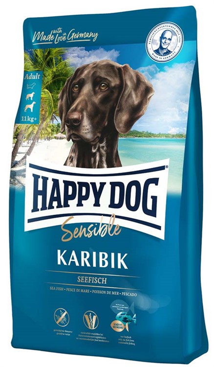 Happy Dog Sensible Karibik – Spannmålsfritt hundfoder med havsfisk, potatis och Omega-3 för känsliga hundar, främjar hud och päls.