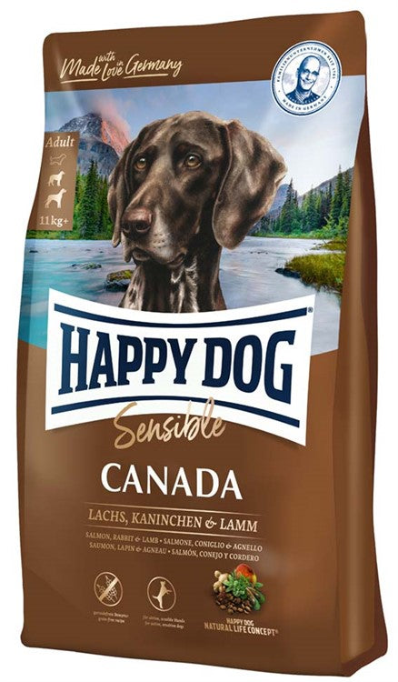 Happy Dog Sensible Canada GrainFree – Spannmålsfritt hundfoder med lax, kanin och lamm, speciellt framtaget för känsliga och aktiva hundar, främjar ledhälsa och matsmältning.