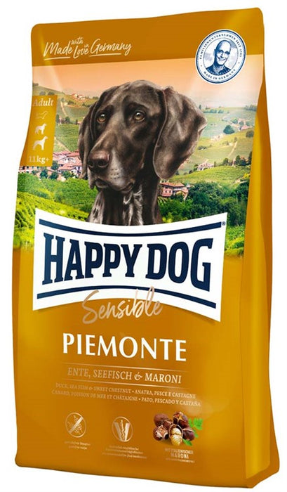 Happy Dog Sensible Piemonte – Spannmålsfritt hundfoder med anka, havsfisk och italienska kastanjer för känsliga hundar, främjar matsmältning och frisk hud.