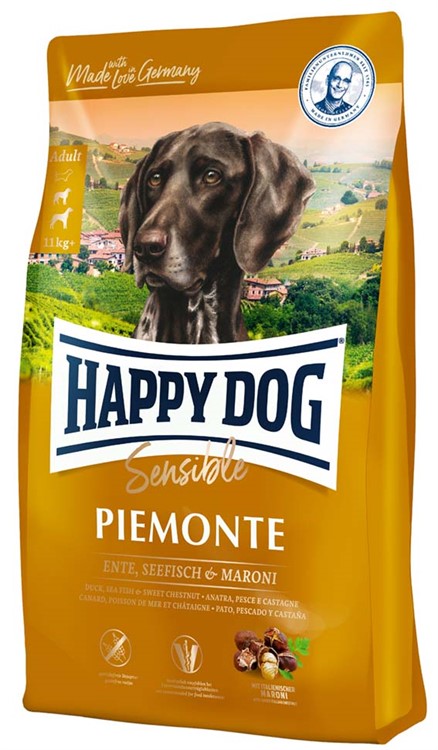 Happy Dog Sensible Piemonte – Spannmålsfritt hundfoder med anka, havsfisk och italienska kastanjer för känsliga hundar, främjar matsmältning och frisk hud.