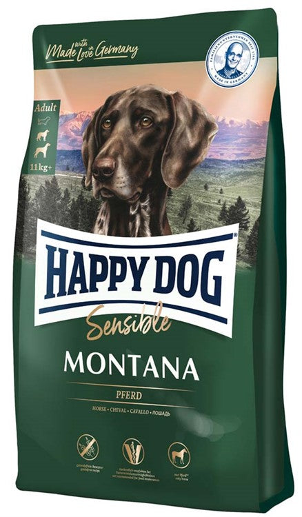 Happy Dog Sensible Montana – spannmålsfritt och allergivänligt hundfoder med hästkött, för vuxna hundar över 11 kg med känsliga magar.