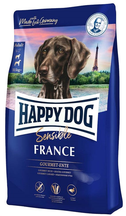 Happy Dog Sensible France – glutenfritt och spannmålsfritt hundfoder med anka, för känsliga hundar över 11 kg. Främjar frisk hud och glänsande päls.