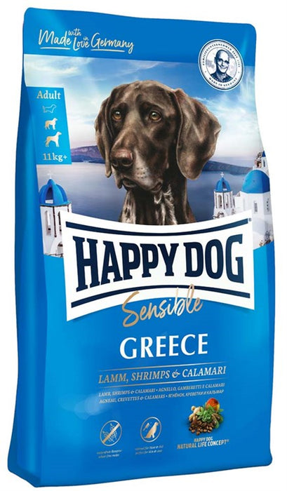 Happy Dog Sensible Greece – vetefritt hundfoder med lamm, räkor och bläckfisk, berikat med omega-fettsyror och en medelhavsinspirerad grönsaksmix för frisk hud och glänsande päls.