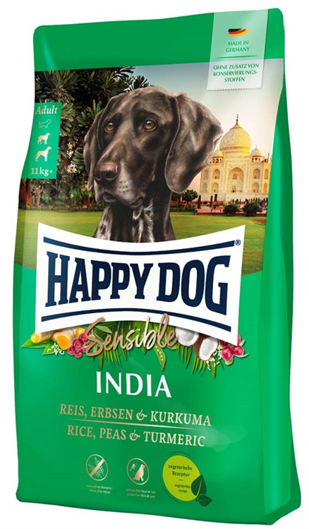 Vegetariskt torrfoder för små hundar upp till 10 kg, Happy Dog Sensible Mini India. Innehåller ärtor, ris, kokos och gurkmeja för att stödja känsliga magar och främja hudhälsa.
