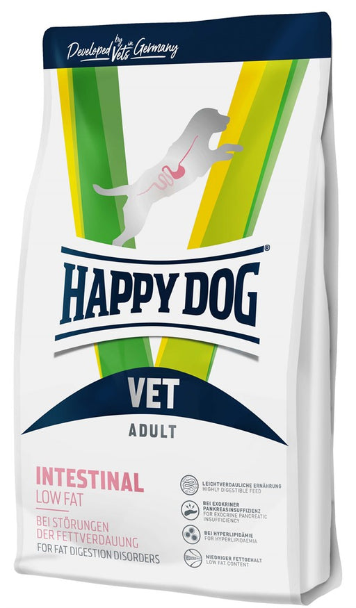 Happy Dog VET Diet Intestinal Low Fat dietfoder för hundar med matsmältningsproblem, pankreasinsufficiens och fettintolerans. Lättsmält och fettfattigt för skonsam matsmältning.