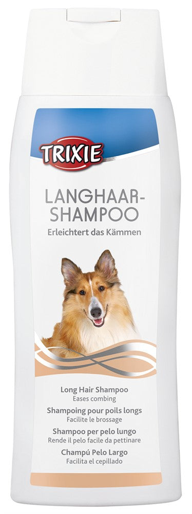 Långhårsschampo för hundar med lång päls och känslig hud. Återfuktar, skyddar och håller pälsen glänsande och lätt att kamma.