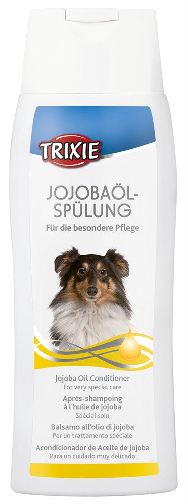 Jojobaoljebalsam för hundar som ger en silkeslen glans och återfuktar pälsen på djupet, perfekt för långhåriga hundar och känslig hud.