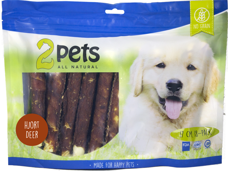 2Pets tuggrulle med hjort – naturlig hundgodis tillverkad med råhud och hjortkött. Hälsosam, låg fetthalt och säkerställd enligt EU och USA
säkerhetsstandarder.