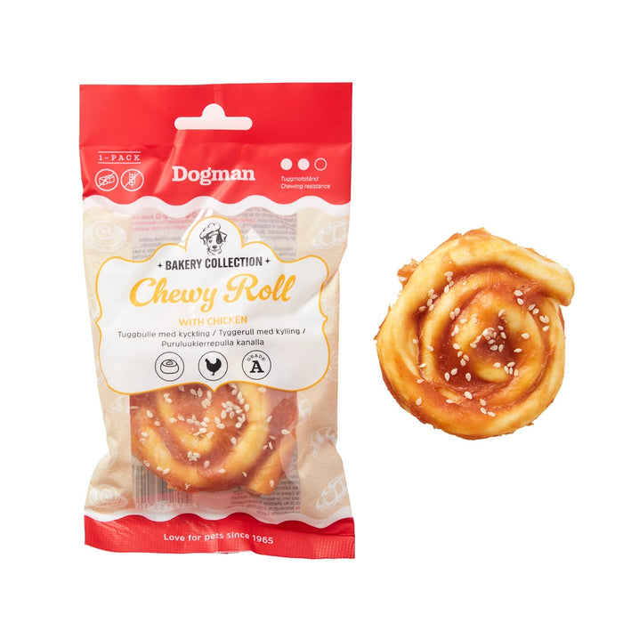 Tuggkanelbulle av råhud och kycklingkött, ett delikat och roligt tuggben för hunden, perfekt för gemensamma fikastunder och för att tillgodose tuggbehovet.