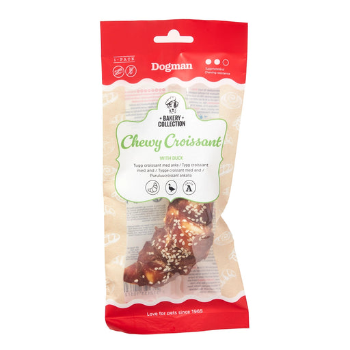 Croissantformat tuggben med råhud och Grade A-ankkött, perfekt för hundens tuggbehov och bidrar till sund tandhälsa.