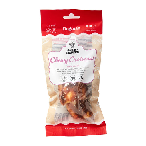 Croissantformat tuggben tillverkat av råhud och Grade A-lammkött, perfekt för att tillgodose hundens tuggbehov och främja sund tandhälsa.