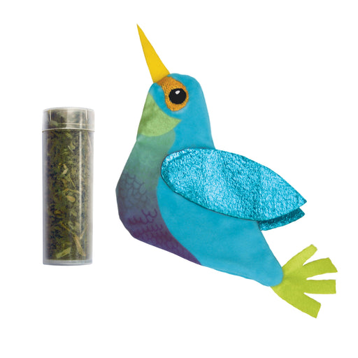 Kolibrin kattleksak i mjuk plysch med påfyllningsbar ficka för kattmynta, extra kattmynta ingår för långvarig lek och stimulans.