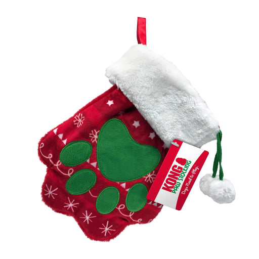 Festlig julstrumpa i plysch med tassformad design, perfekt att fylla med snacks och leksaker för ditt husdjur inför jul.