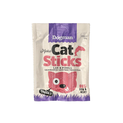 Utsökt kattgodis med hög kötthalt, lax och forell. Berikat med Omega 3, vitamin A, D3 och taurin för kattens hälsa. Perfekt som godis vid sidan av en balanserad kost.