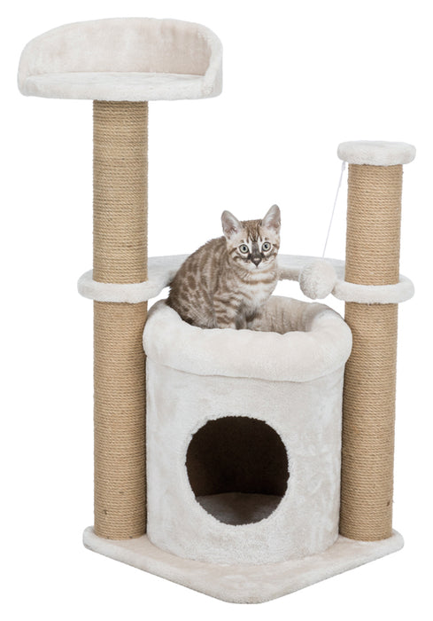 Plyschklädd lyxig klösmöbel för katt med jute klösrulle, mysig grotta och bädd, samt rolig leksak på elastiskt snöre. Beige design, höjd 83 cm.

