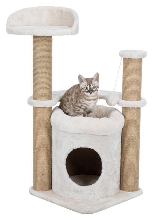 Plyschklädd lyxig klösmöbel för katt med jute klösrulle, mysig grotta och bädd, samt rolig leksak på elastiskt snöre. Beige design, höjd 83 cm.

