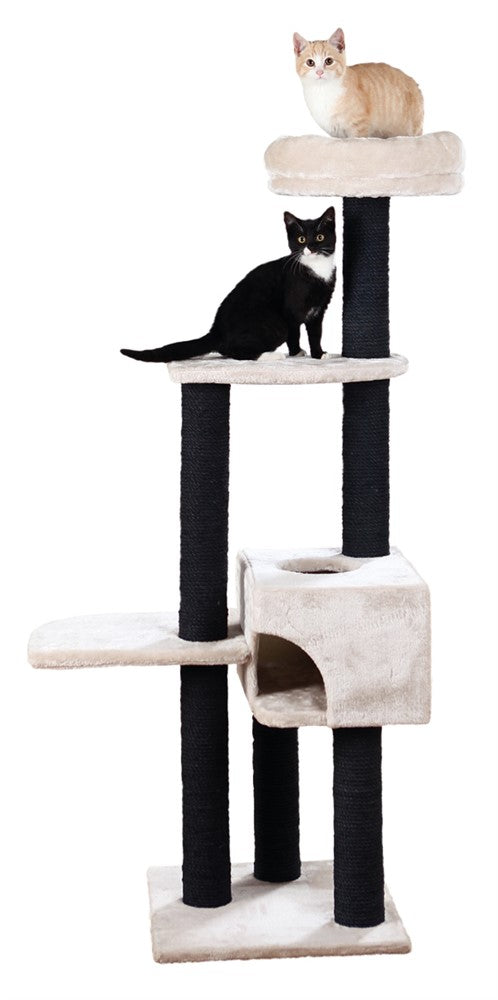 Ljusgrå klösmöbel med klöspelare i sisal, plyschklädd grotta och avtagbar bädd. Stabil och hög design på 147 cm för kattens klovård och vila.


