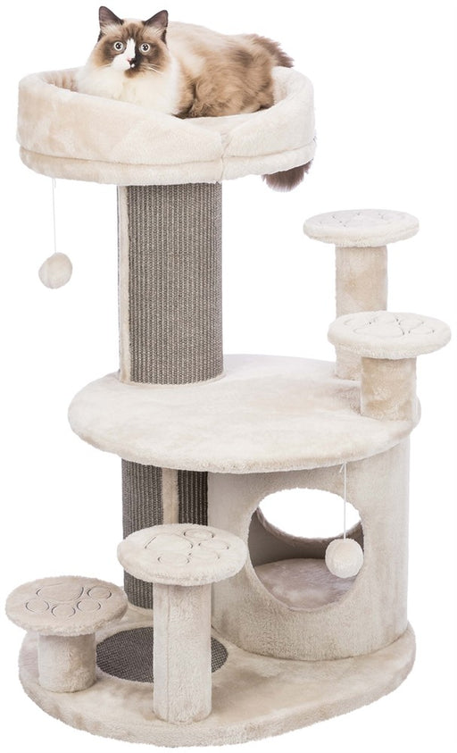 Klösmöbel med sisal/plysch (polyester, 280 g/m²), 4 vadderade steg, grotta klädd i plysch/fleece, vital-dynor med viskoelastiskt skum, avtagbar bädd, maskintvättbara dynor.

