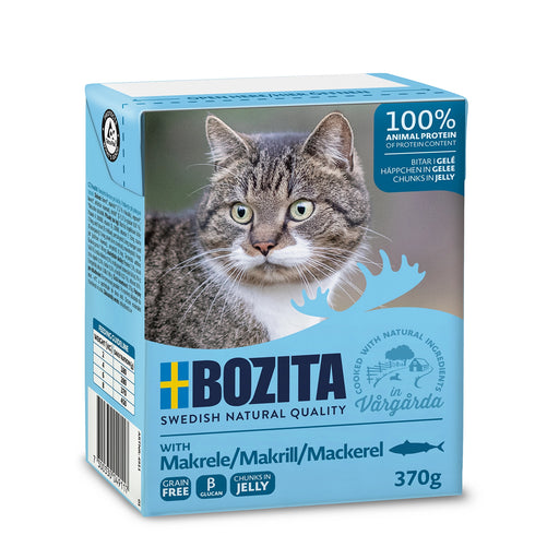 Blötmat för vuxna katter med 93% svenskt kött och smak av makrill. Låg fetthalt, hög smältbarhet, fri från spannmål och soja, med ß-glukan för immunsystemet.