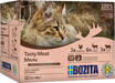 Köttmeny för vuxna katter i gelé, med 100% animaliskt protein och tre smaker: kycklinglever, ren och nöt. Spannmålsfritt foder, med prebiotiska FOS och balanserade mineraler och vitaminer.