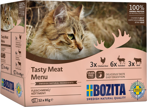 Köttmeny för vuxna katter i gelé, med 100% animaliskt protein och tre smaker: kycklinglever, ren och nöt. Spannmålsfritt foder, med prebiotiska FOS och balanserade mineraler och vitaminer.