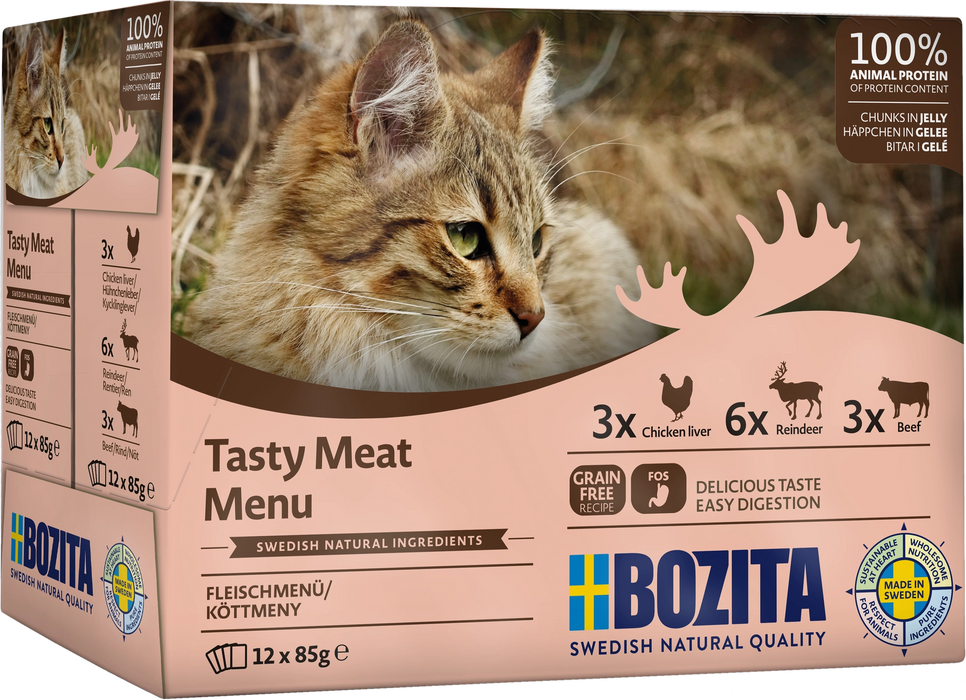 Köttmeny för vuxna katter i gelé, med 100% animaliskt protein och tre smaker: kycklinglever, ren och nöt. Spannmålsfritt foder, med prebiotiska FOS och balanserade mineraler och vitaminer.