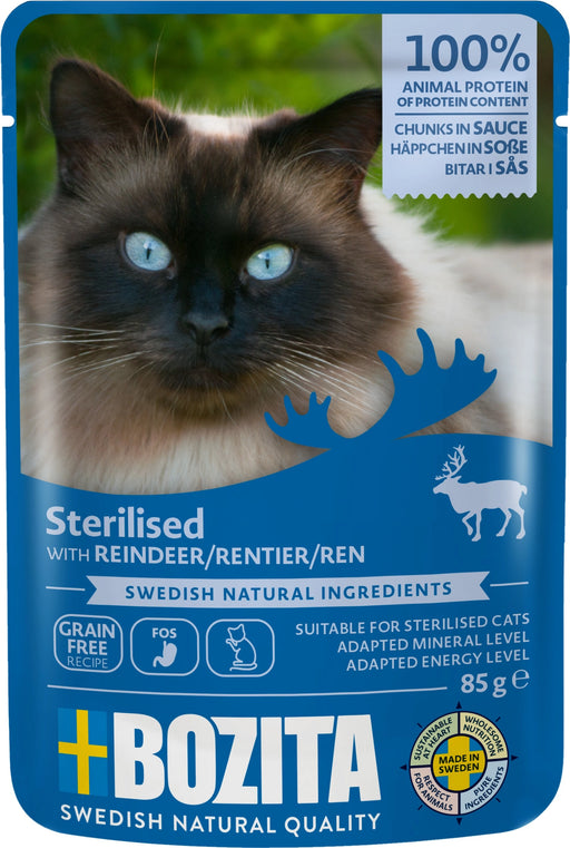 Bozita Steriliserad med Ren är ett balanserat foder för vuxna katter, med L-karnitin, cellulosafibrer och prebiotiska FOS för matsmältning, hårbollar och optimal hälsa.