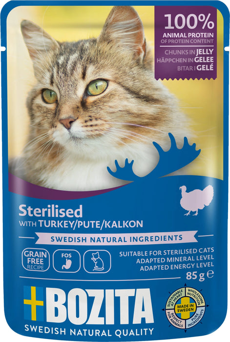 Steriliserad med Kalkon i Gelé är ett balanserat foder för vuxna steriliserade katter med L-karnitin, cellulosafibrer, prebiotiska FOS och kalkon för bättre hälsa och matsmältning.
