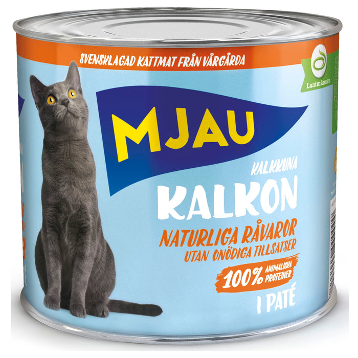 Kattmat med kalkon för vuxna katter. Spannmålsfri paté med 100% animaliska proteiner, inga tillsatser och full balans av vitaminer och mineraler. Svensktillverkat foder.