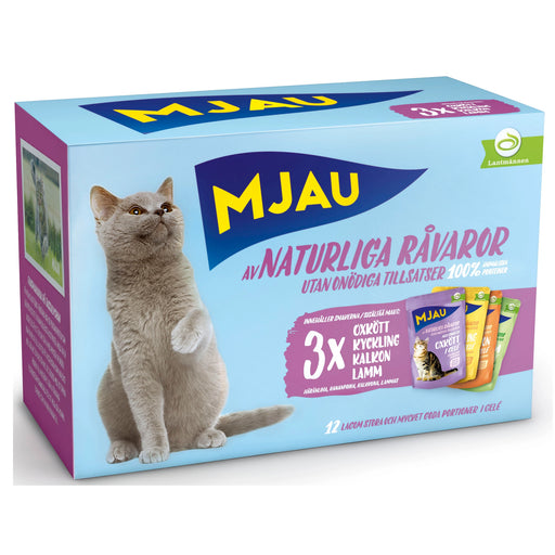Multipack blötmat i gelé för vuxna katter med oxkött, kyckling, kalkon och lamm. Hög smältbarhet och naturliga ingredienser. Spannmålsfri, utan tillsatt socker. Svensktillverkad, 12x85g.