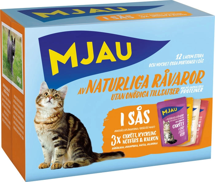 Multipack blötmat för vuxna katter, med bitar i sås och smaker av oxkött, kyckling, nötfärs och kalkon. Svensktillverkad, utan spannmål och tillsatt socker, med hög smaklighet och smältbarhet.
