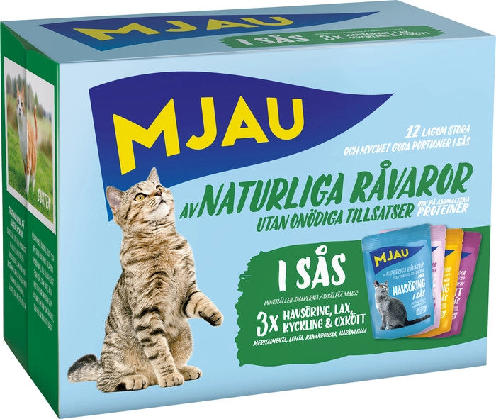 Multipack blötmat för vuxna katter, med bitar i sås och smaker av havsöring, lax, kyckling och oxkött. Svensktillverkad, utan spannmål och tillsatt socker, med hög smaklighet och smältbarhet.